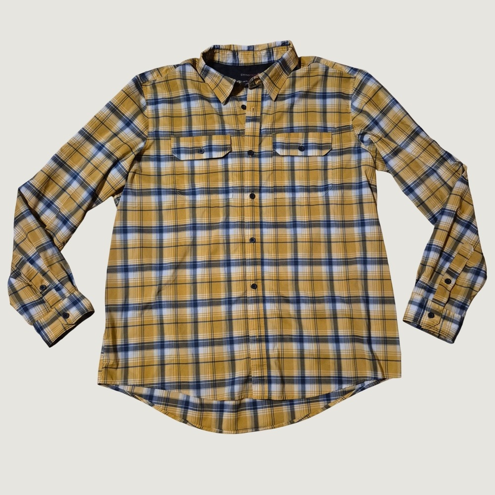 Swiss Tech Plaid Button Down Shirt Size L Outdoor Performance Stretch Yellow